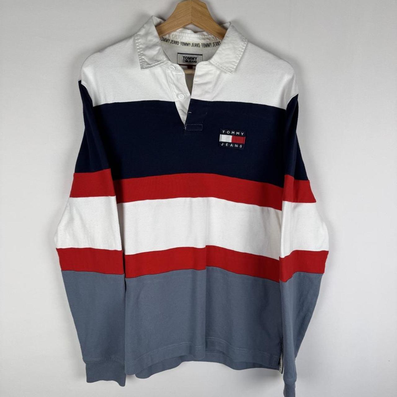 Tommy Hilfiger striped rugby polo shirt with embroidered logo in navy and white.