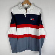 Tommy Hilfiger striped rugby polo shirt with embroidered logo in navy and white.