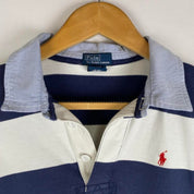 Polo Ralph Lauren blue and navy striped rugby polo shirt with logo detail.