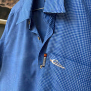 Quiksilver men's button down shirt, blue and white striped, embroidered logo detail.