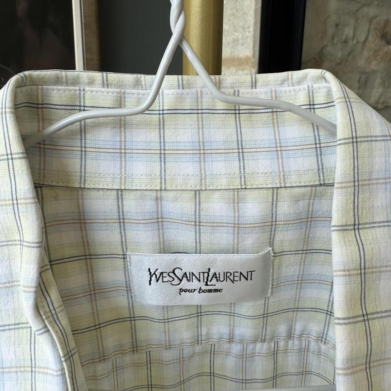 Yves Saint Laurent short sleeve button down shirt blue embroidered YSL logo detail.