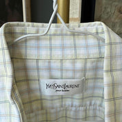 Yves Saint Laurent short sleeve button down shirt blue embroidered YSL logo detail.