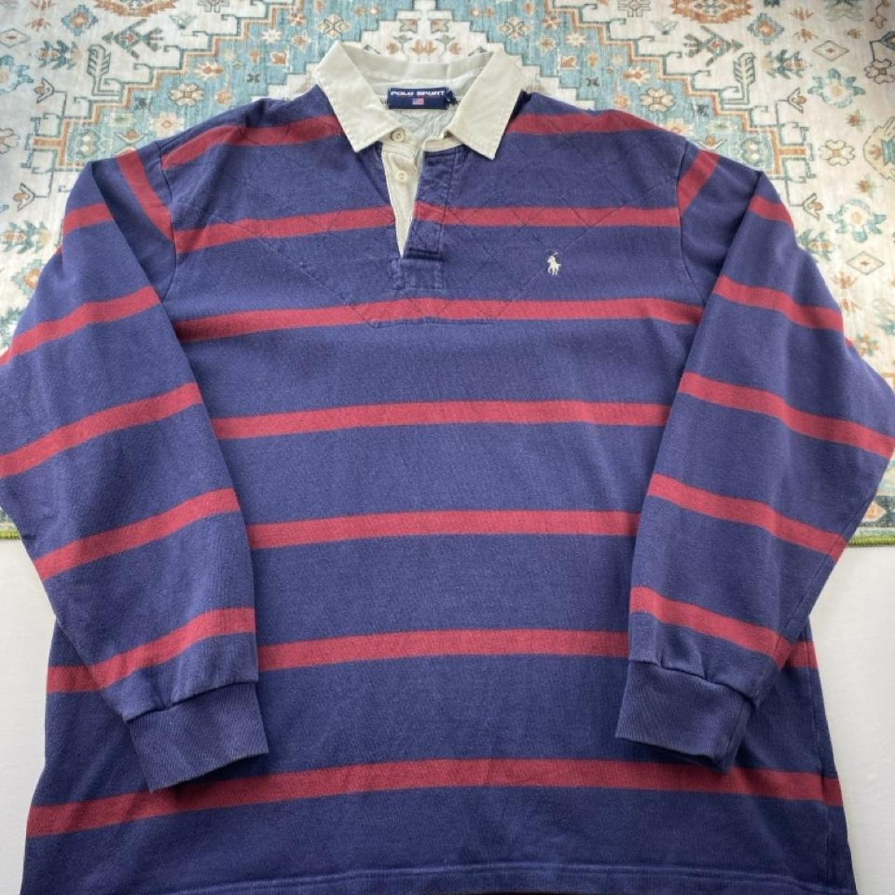 Polo Ralph Lauren oversized navy and burgundy striped rugby polo with embroidered logo.