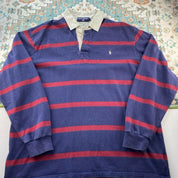 Polo Ralph Lauren oversized navy and burgundy striped rugby polo with embroidered logo.
