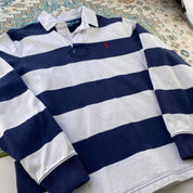 Polo Ralph Lauren navy striped rugby polo shirt with embroidered logo and thick cotton material.