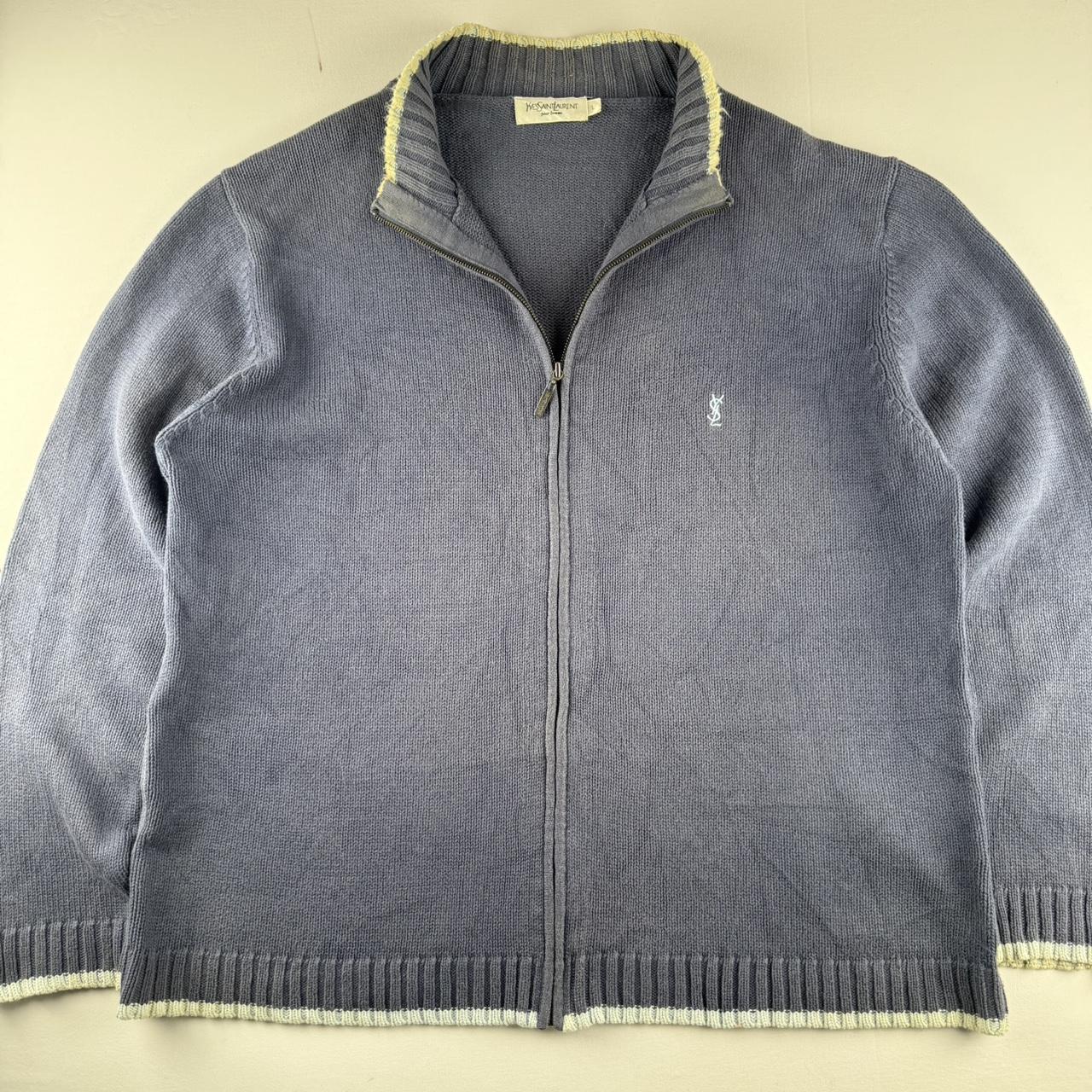 Yves Saint Laurent YSL Embroidered Full Zip Chunky Knitted Jumper with White Trim L