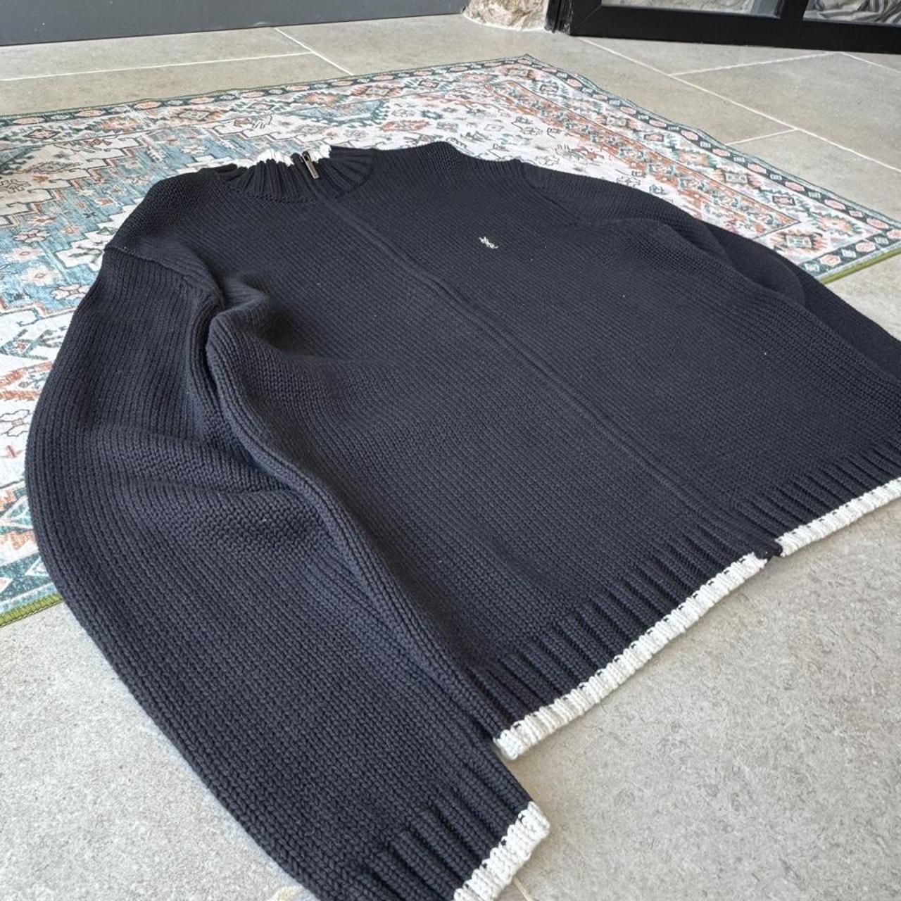Yves Saint Laurent thick knitted jumper, navy blue, embroidered YSL logo, full zip design.