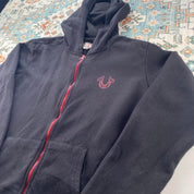 True Religion black full zip hoodie with logo detail and regular fit.