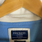 Hackett navy and white rugby polo shirt with spellout logo and thick fabric.
