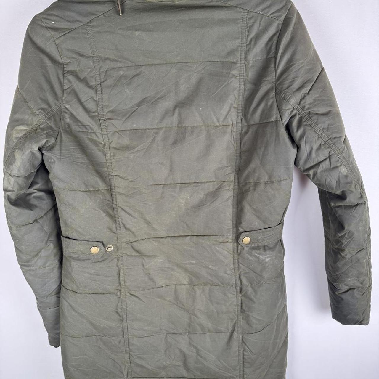 Barbour khaki women's thick down jacket with logo and signs of wear.