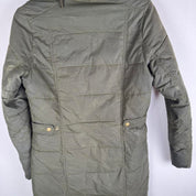 Barbour khaki women's thick down jacket with logo and signs of wear.
