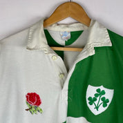 ONeills green and white checkered rugby polo shirt with vintage logo detail.