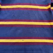Polo Ralph Lauren burgundy and yellow short sleeve rugby polo with logo and collar details.