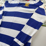 Polo Ralph Lauren blue and white striped rugby polo shirt with embroidered logo.