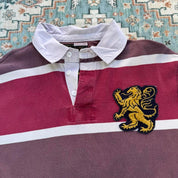 Polo Ralph Lauren burgundy rugby polo shirt with embroidered athletic team logo.