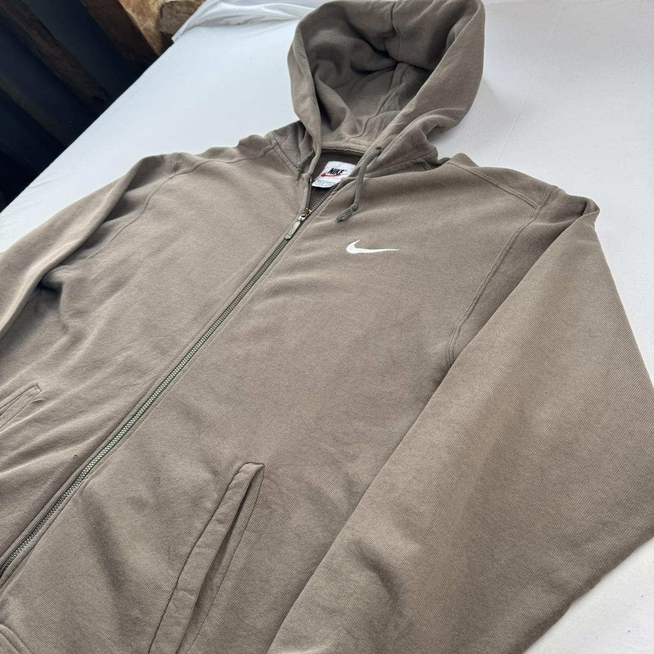 1990s Distressed Brown Embroidered Swoosh Oversized Full Zip Hoodie S