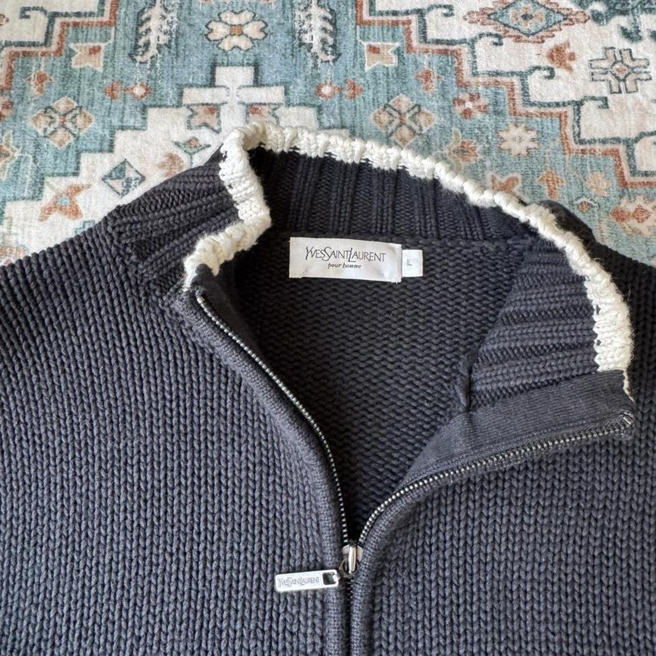Yves Saint Laurent thick knitted jumper, navy blue, embroidered YSL logo, full zip design.