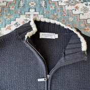 Yves Saint Laurent thick knitted jumper, navy blue, embroidered YSL logo, full zip design.