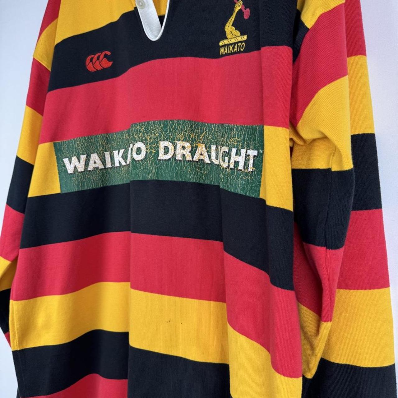 Canterbury men's rugby polo shirt, striped design, rare 1997 Waikato edition, oversized fit.