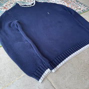 Yves Saint Laurent navy sweatshirt with white trim and embroidered YSL logo.
