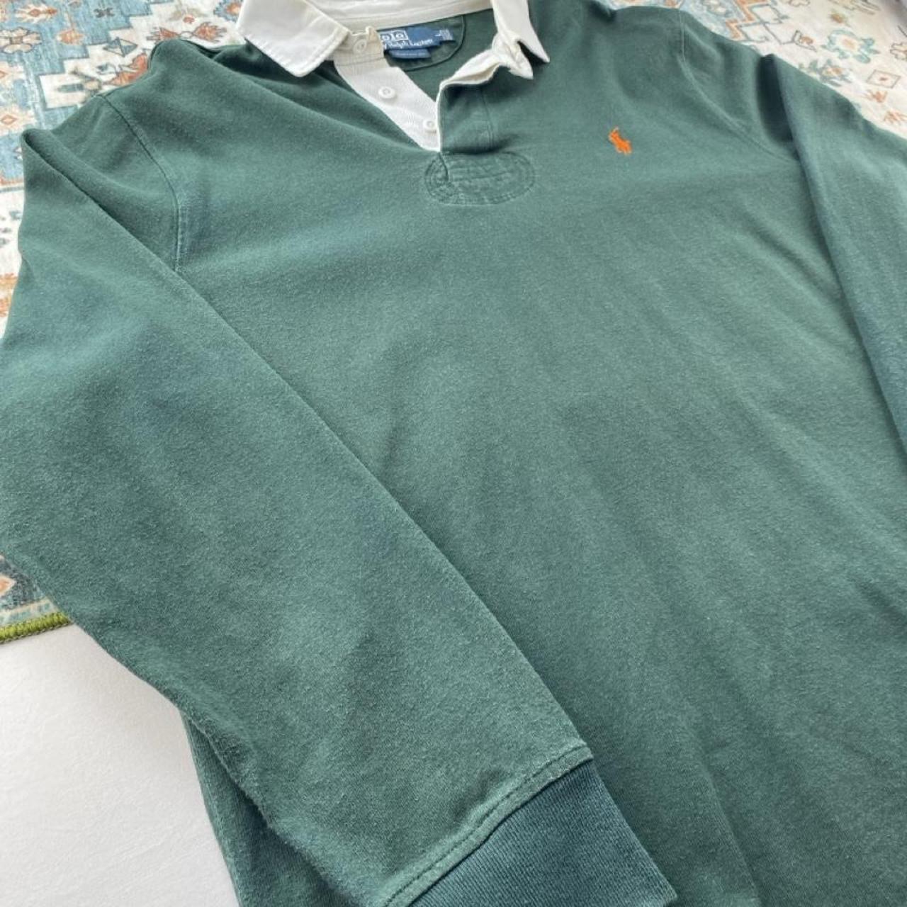 Polo Ralph Lauren green rugby polo shirt with embroidered logo and thick cotton material.