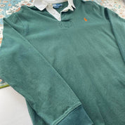 Polo Ralph Lauren green rugby polo shirt with embroidered logo and thick cotton material.