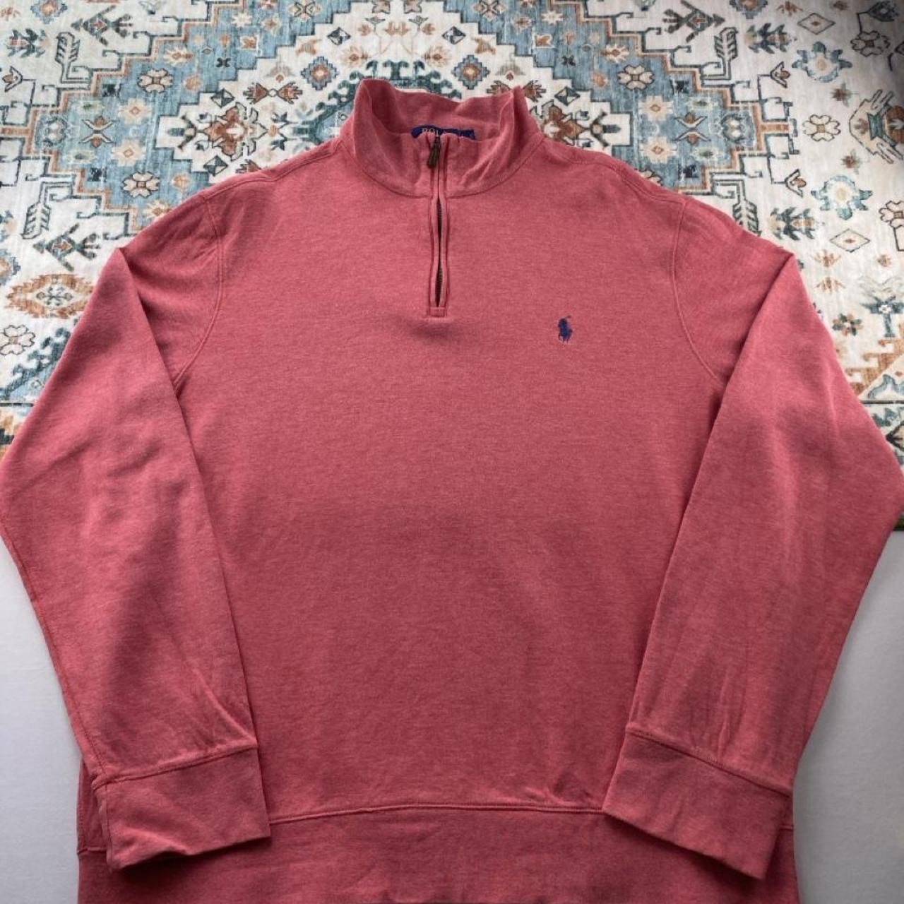 Polo Ralph Lauren pink quarter zip fleece with embroidered logo and soft material.