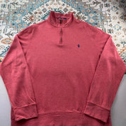 Polo Ralph Lauren pink quarter zip fleece with embroidered logo and soft material.
