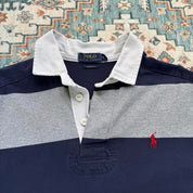 Polo Ralph Lauren navy rugby polo shirt with thick stripes and embroidered logo.