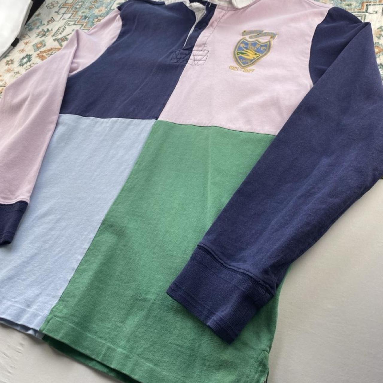 Polo Ralph Lauren men's rugby polo shirt green and navy quarter panel design, embroidered logo.