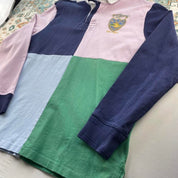 Polo Ralph Lauren men's rugby polo shirt green and navy quarter panel design, embroidered logo.