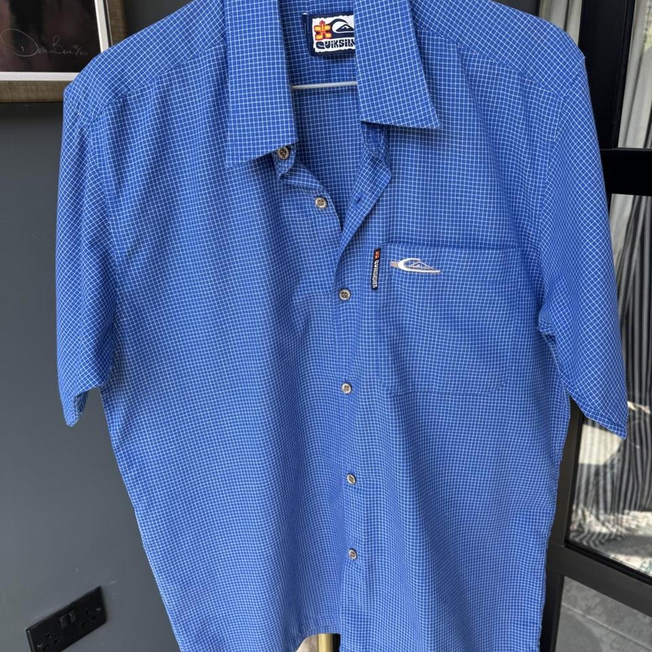 Quiksilver men's button down shirt, blue and white striped, embroidered logo detail.