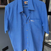 Quiksilver men's button down shirt, blue and white striped, embroidered logo detail.