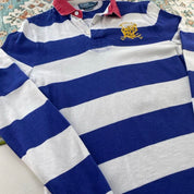 Polo Ralph Lauren blue and white striped rugby polo shirt with embroidered logo.