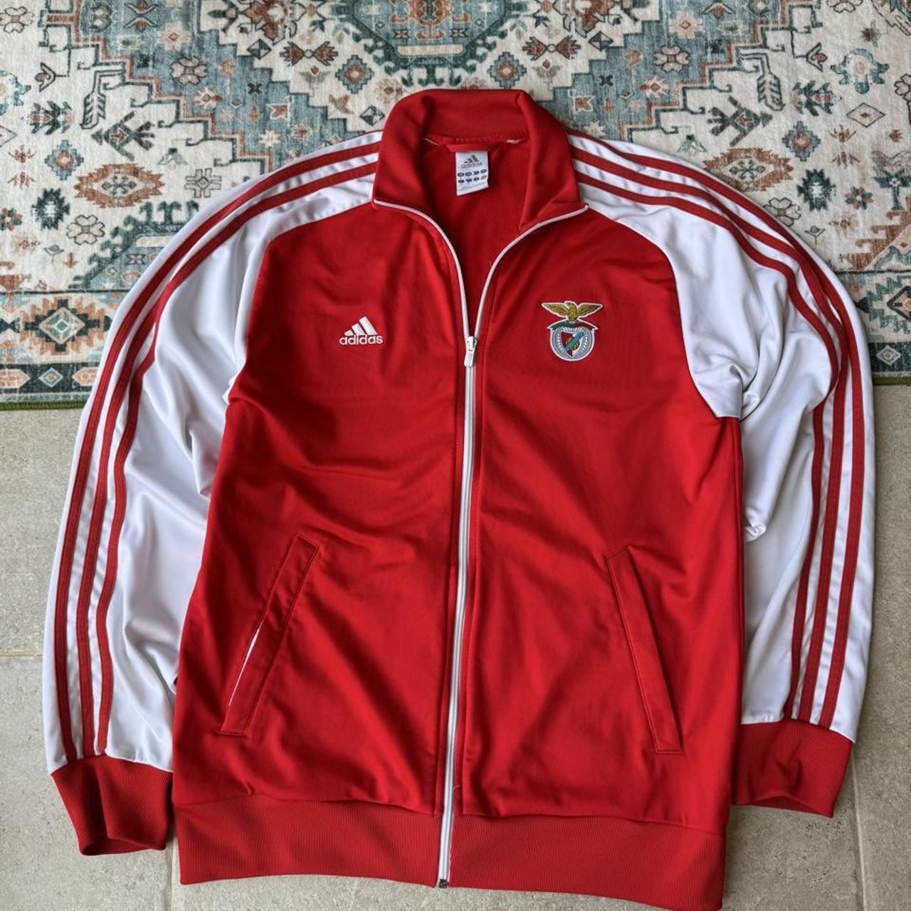 Adidas Benfica track jacket red with white logo and sporty design details.