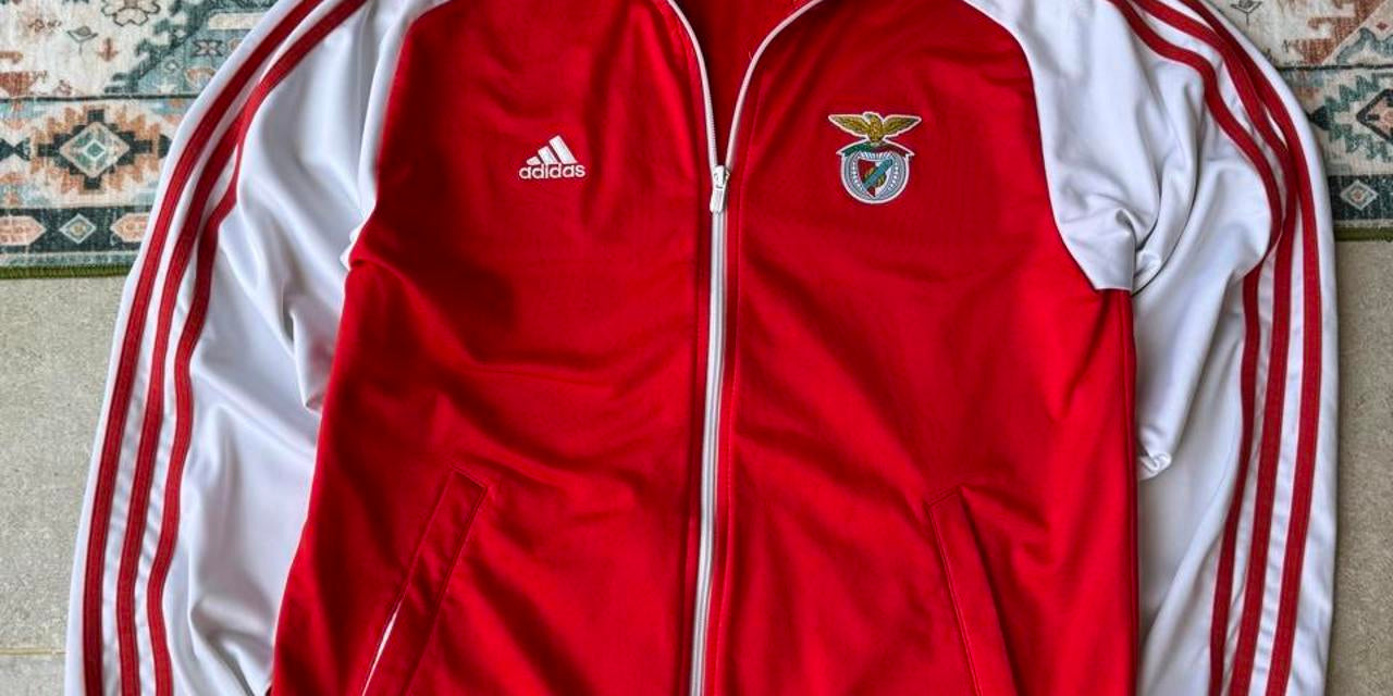 Adidas Benfica track jacket red with white logo and sporty design details.