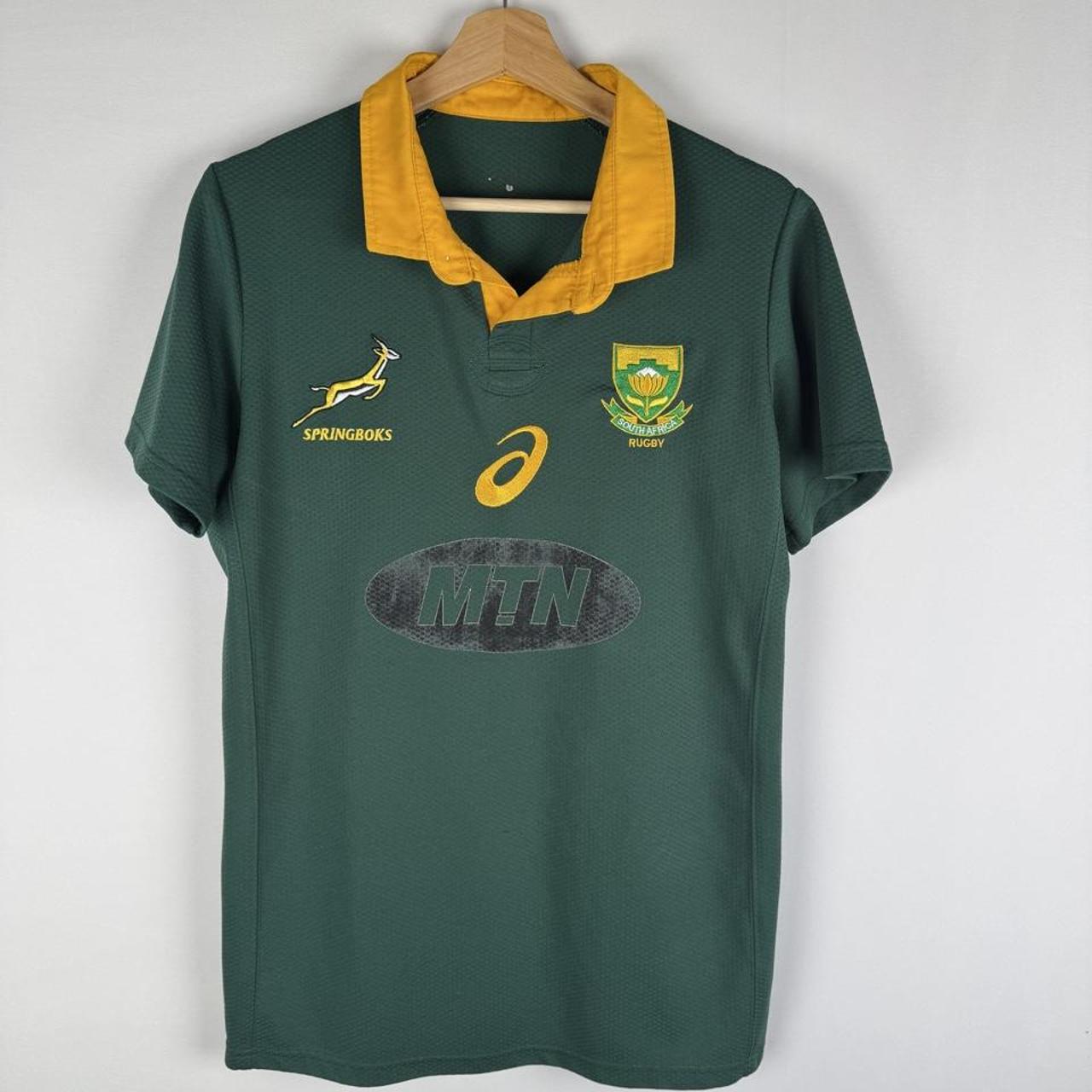 ASICS men's polo shirt green with Springboks logo and rugby-inspired design.