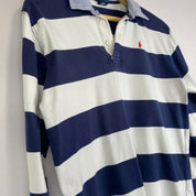 Polo Ralph Lauren blue and navy striped rugby polo shirt with logo detail.