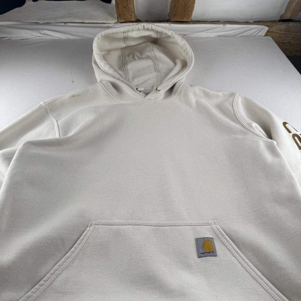 Carhartt Oversized Sleeve Spellout Cream Hoodie Size Medium - Threads Uncovered