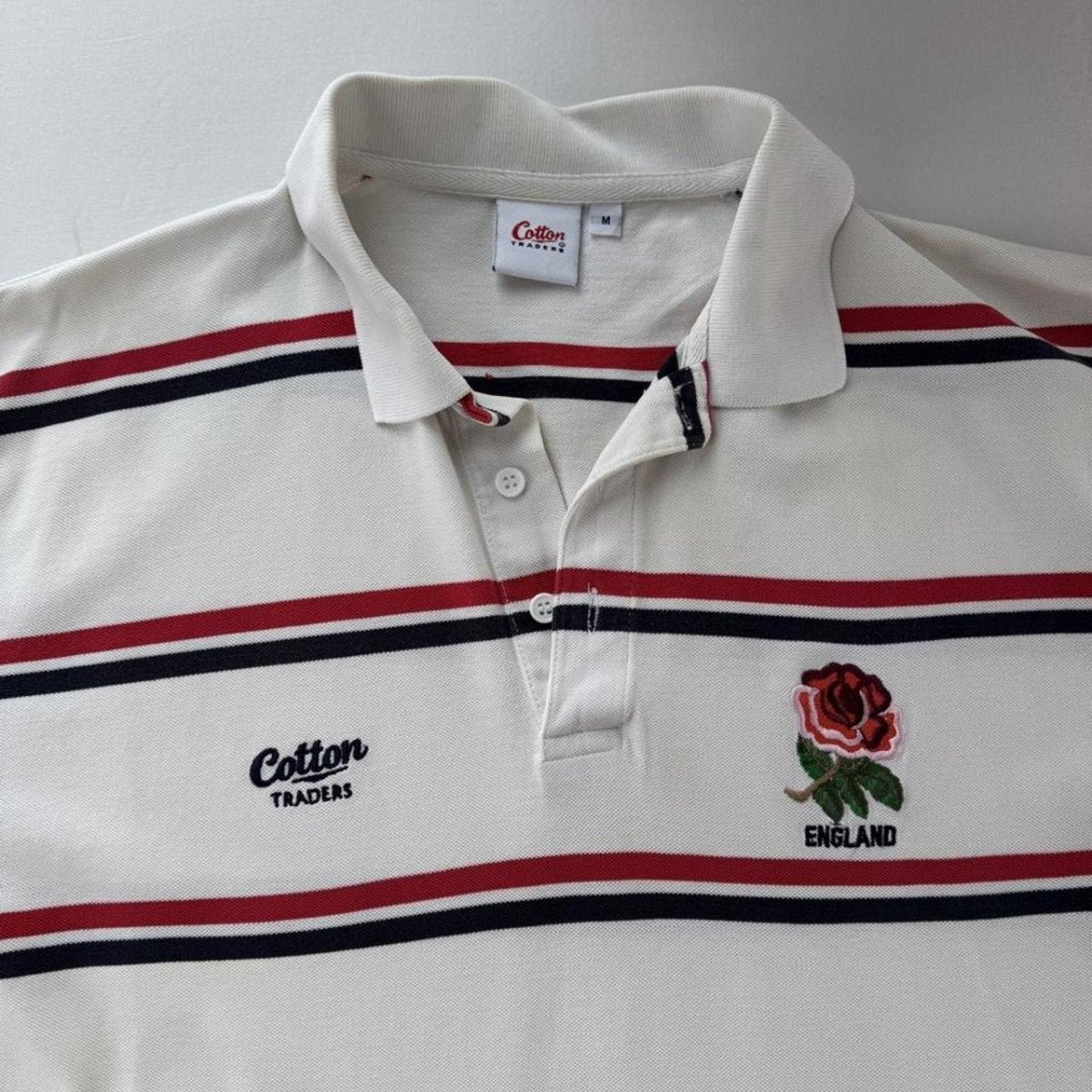 Early 2000s England Rugby Cotton Traders Striped Polo Shirt - Threads Uncovered