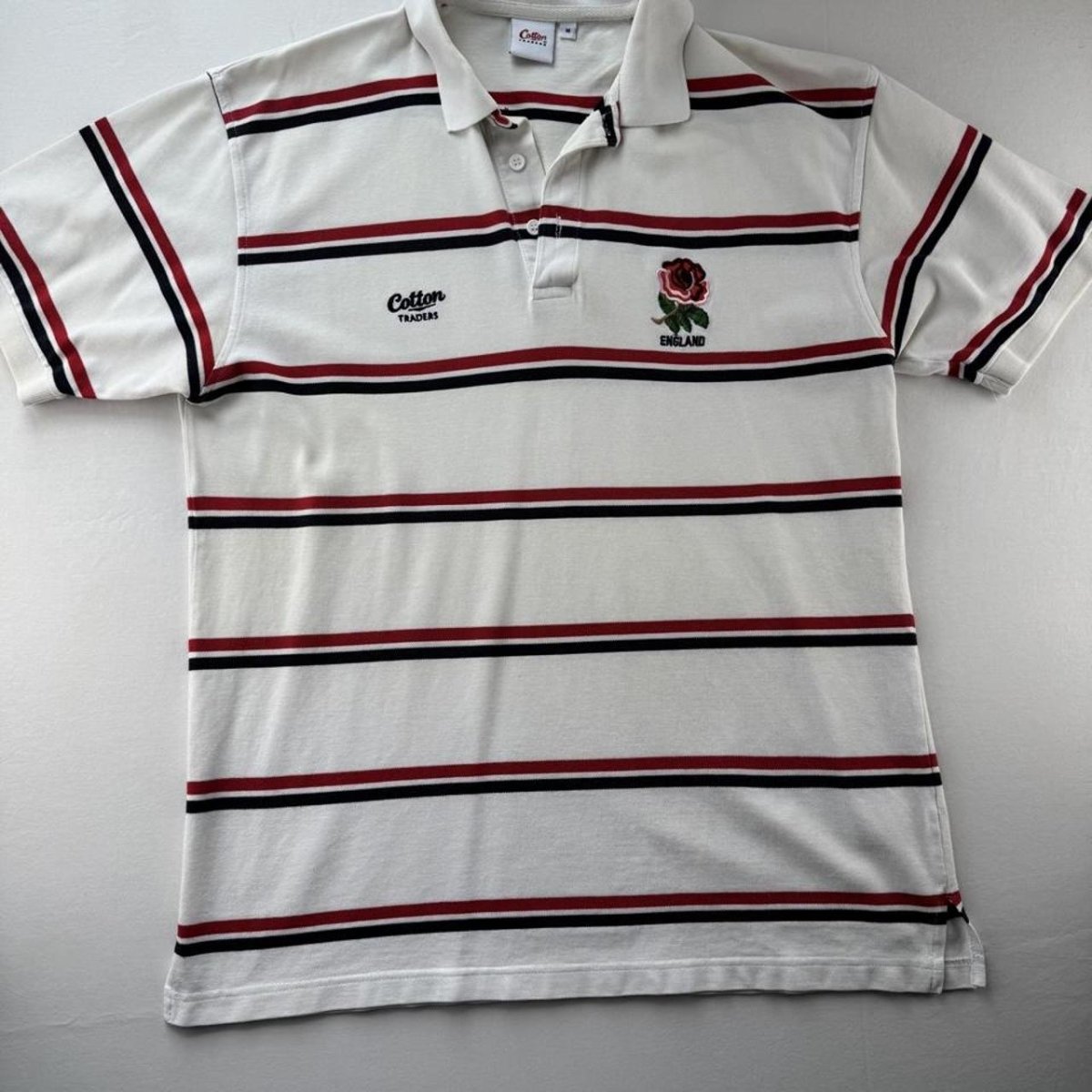Early 2000s England Rugby Cotton Traders Striped Polo Shirt - Threads Uncovered