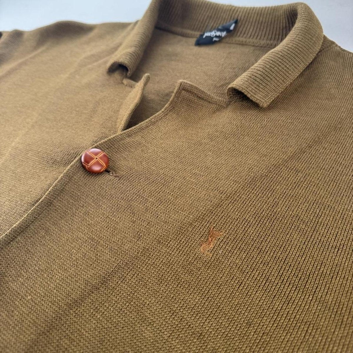 Late 1990s Yves Saint Laurent Embroidered Logo Thick Wool Blend Cardigan L - Threads Uncovered