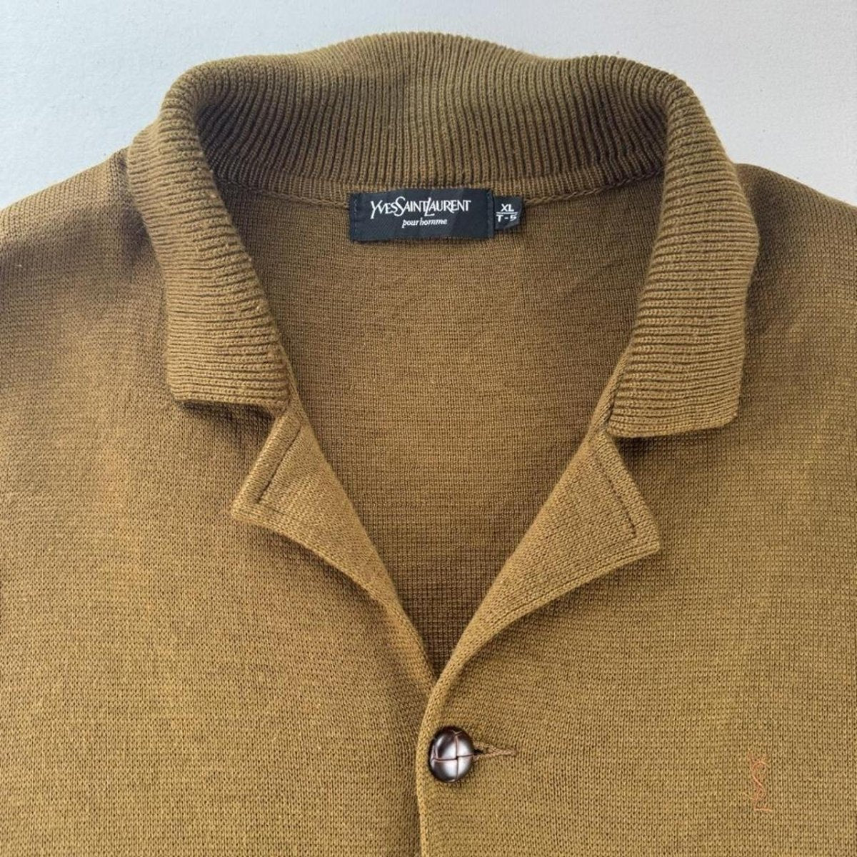 Late 1990s Yves Saint Laurent Embroidered Logo Thick Wool Blend Cardigan XL - Threads Uncovered