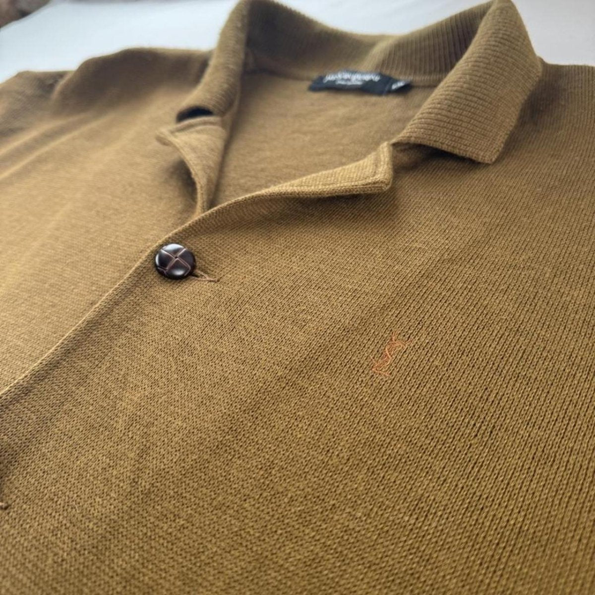 Late 1990s Yves Saint Laurent Embroidered Logo Thick Wool Blend Cardigan XL - Threads Uncovered