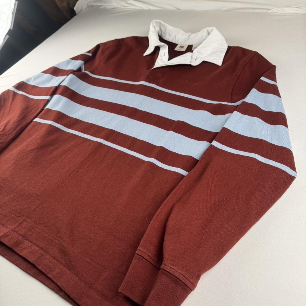 Levi's Embroidered Spellout Striped Rugby Polo Shirt M - Threads Uncovered
