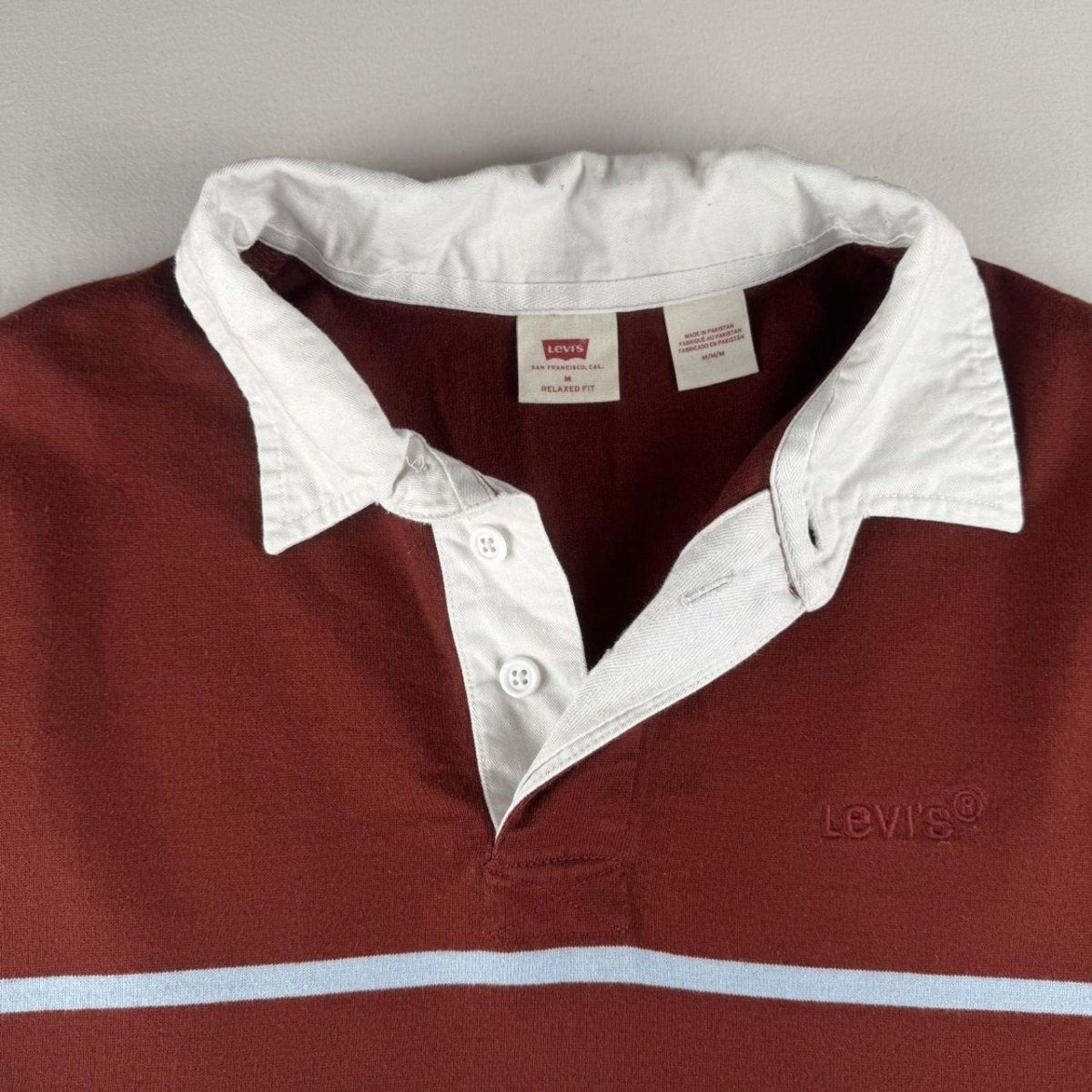Levi's Embroidered Spellout Striped Rugby Polo Shirt M - Threads Uncovered