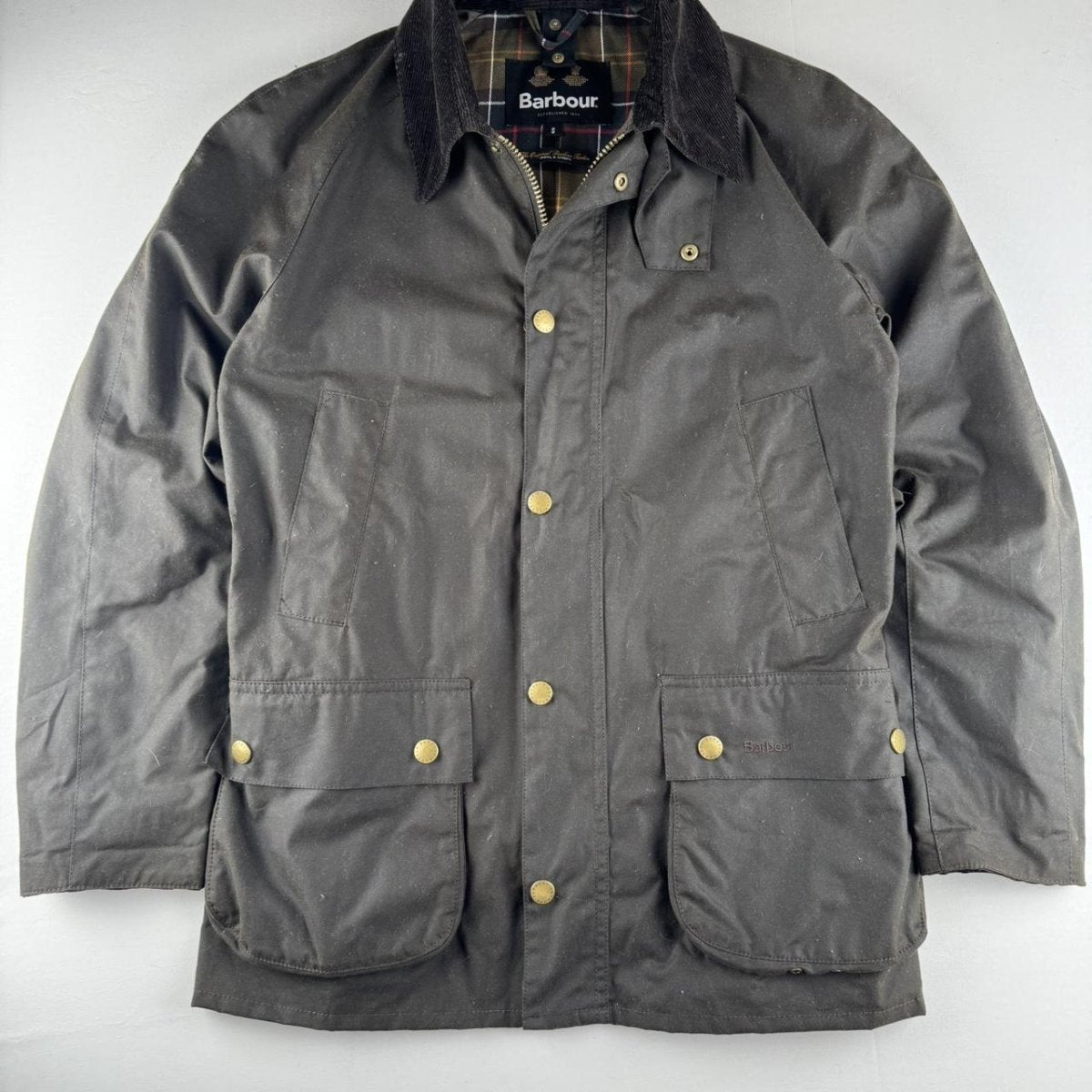 Like New Dark Brown Barbour Ashby Wax Jacket with Corduroy Collar S - Threads Uncovered