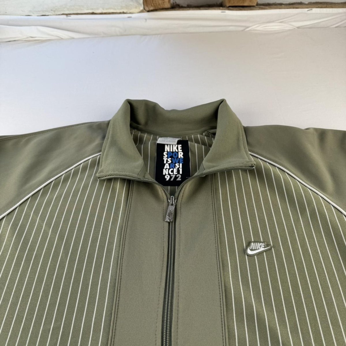 Mid 2000s Nike Embroidered Khaki Pinstripe Track Jacket XL - Threads Uncovered
