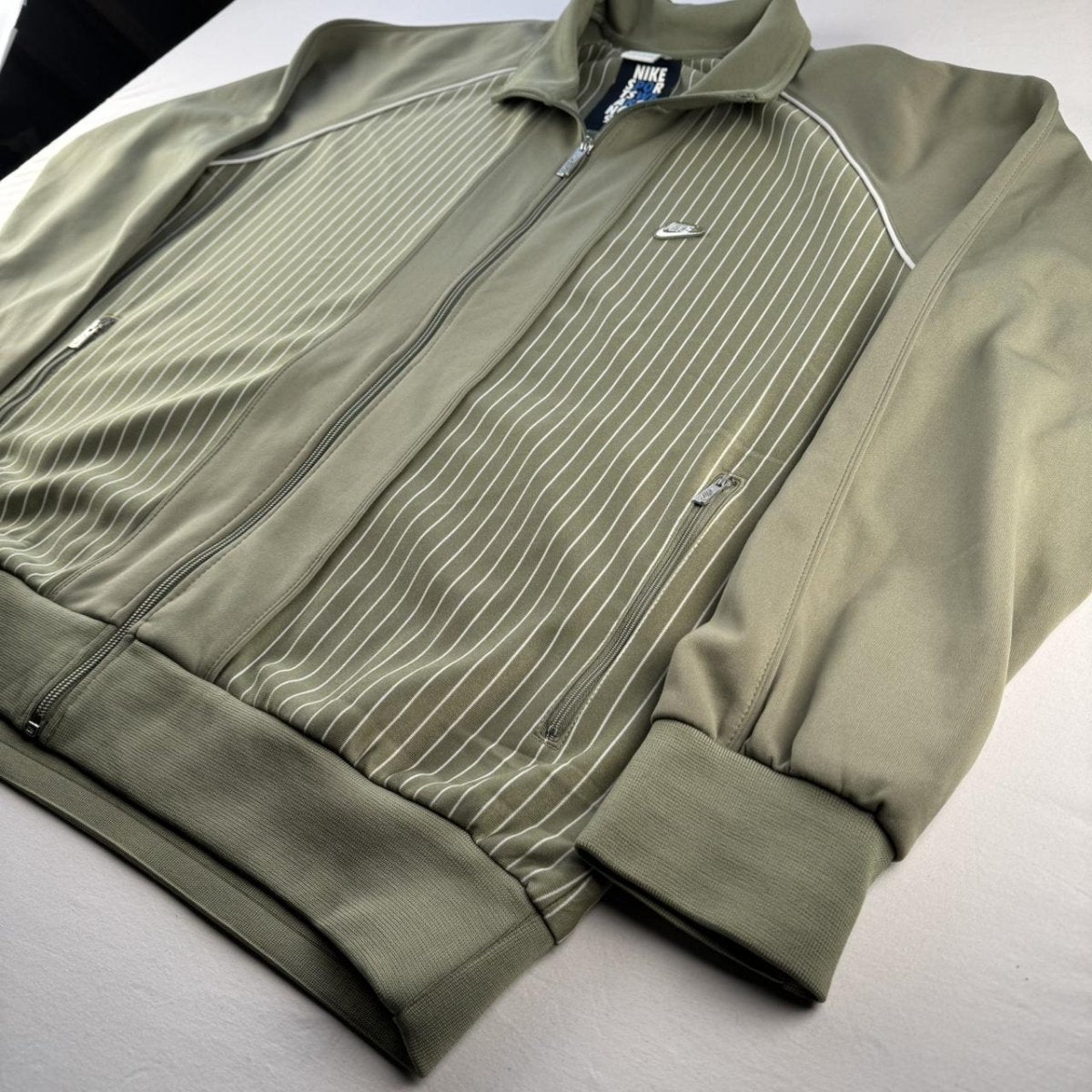 Mid 2000s Nike Embroidered Khaki Pinstripe Track Jacket XL - Threads Uncovered