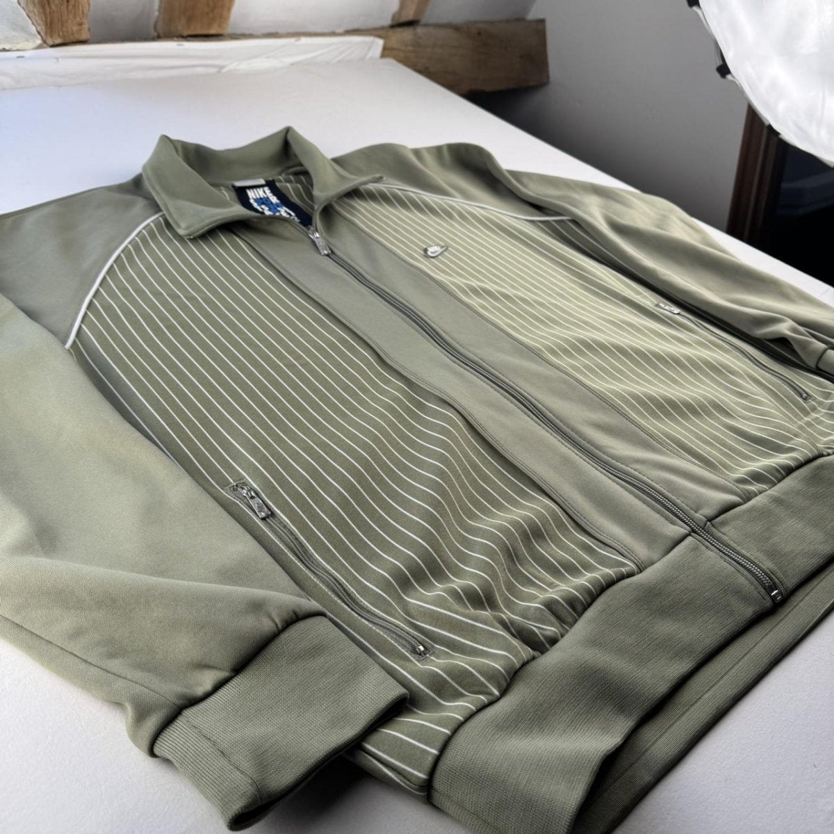 Mid 2000s Nike Embroidered Khaki Pinstripe Track Jacket XL - Threads Uncovered